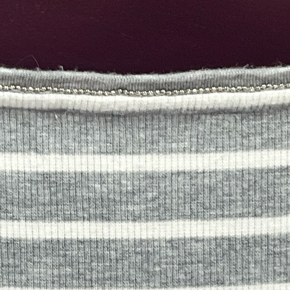 White House Black Market Ribbed Gray & White Steiped Top with bling trim - Picture 8 of 15